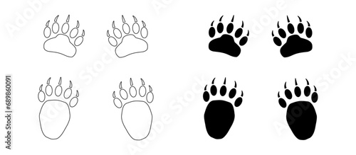 Bear or panda paw footprints with claws. Silhouette and Contour. Black vector illustration isolated on white background. Grizzly wild animal paw print icon. For postcard, booklet, pet store, textile.