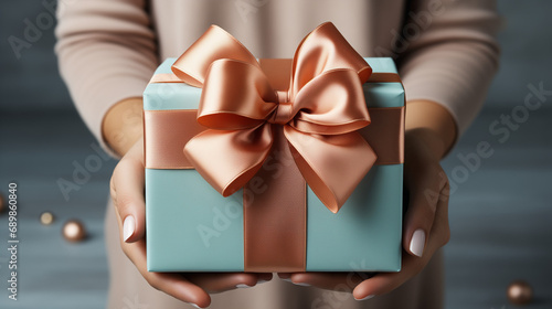 Woman holding gift box with blue bow on light grey background, closeup. Space for text