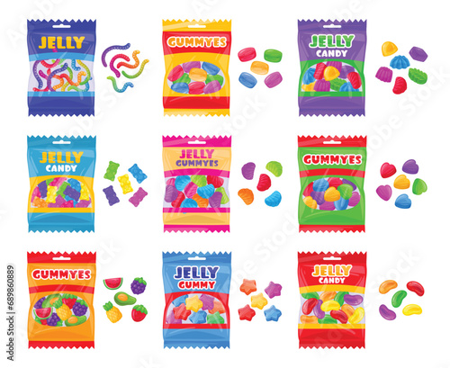 Jelly sweets package. Cartoon gummy bear, chewy worms and fruit shaped marmalade packaging flat vector illustration set. Sweet fruit flavored candies packages photo