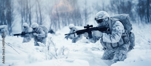 Arctic mountain conflict during winter. Soldiers in cold weather, camouflaged uniforms, engaged in modern warfare with rifles in a forest battlefield on a snowy day.