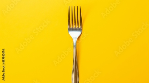 Shiny silver fork against a vibrant yellow background. photo