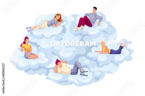 Daydream banner vector illustration. Cartoon isolated flying cloud in sky with happy people, rest with dreams and freedom of soul, meditation of daydreamer characters floating in peaceful heaven