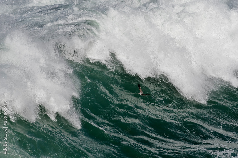 giant waves breaking on a stormy day in atlantic sea ocean