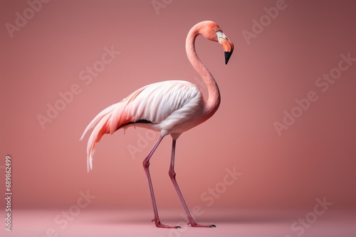 A graceful flamingo, standing on one leg, posing elegantly in a studio setting, isolated on a brilliant solid backdrop, symbolizing elegance and poise. © Creative artist1