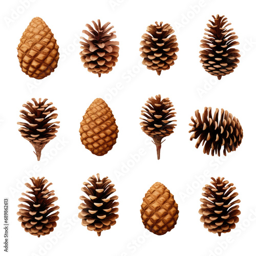 Big set of cones various coniferous trees isolated on transparent