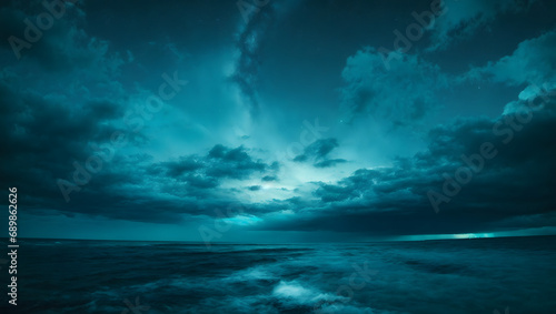 Deep Cyan-Colored Night Sky. Veiled in Profound Clouds, Evoking an Aura of Tranquil Intrigue.