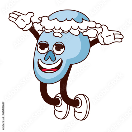 Groovy skull character vector illustration. Cartoon isolated retro , Halloween sticker of psychedelic blue human skull with magic clouds, trippy face and weird smile, funny death mascot jumping