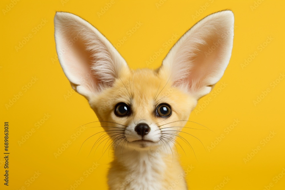 A playful fennec fox, with its enormous ears and inquisitive eyes, photographed in a studio, isolated on a vivid solid color background, exuding a sense of curiosity and charm.