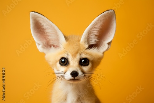 A playful fennec fox  with its enormous ears and inquisitive eyes  photographed in a studio  isolated on a vivid solid color background  exuding a sense of curiosity and charm.