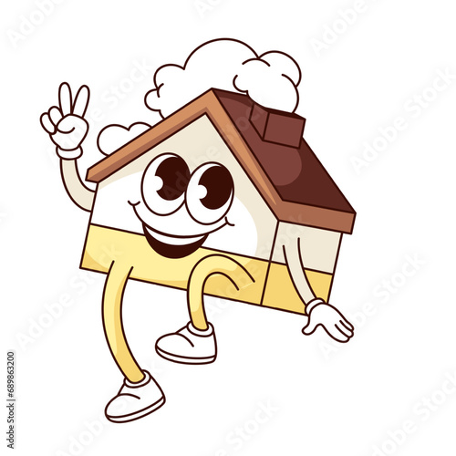 Groovy wooden house character vector illustration. Cartoon isolated retro comic sticker of family home apartment with roof and smoke from chimney jumping, house with funny face and hippie gesture