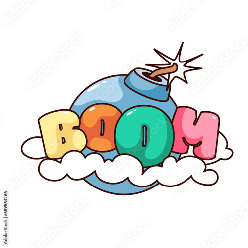 Groovy sticker with Boom text and bomb vector illustration. Cartoon isolated retro comic typography patch of surprise bomb ball with lit fuse, explosive cloud and colorful balloon font of word