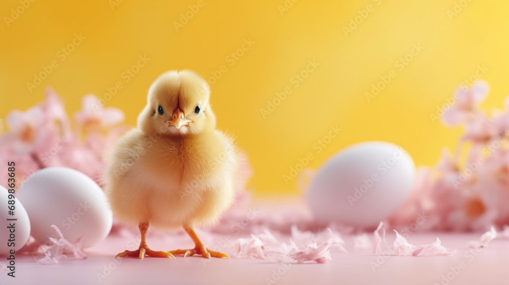 Chick next to easter eggs with spring flowers Chick next to easter eggs with spring flowers
