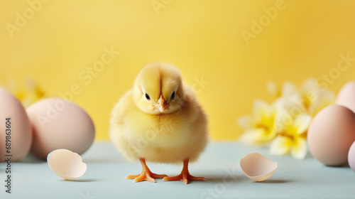 Chick next to easter eggs with spring flowers