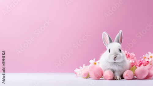 Rabbit with Easter eggs on a table