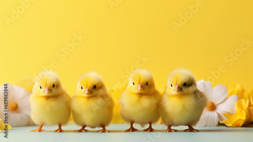 Row of chicks and spring blossoms on easter