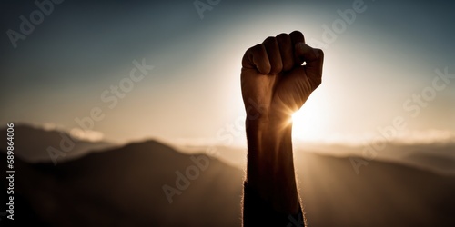 Clenched Fist In The Air. Male hand raises clenched fist of solidarity. Protester holding hand up over dramatic sky. hand rising up, arabian or middle east background. Triumph or defiance, against sky photo