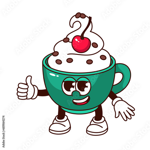 Groovy cup of coffee character vector illustration. Cartoon isolated retro winter sweet dessert sticker of green mug with coffee or chocolate, whipped cream and cherry, mascot with thumbs up gesture