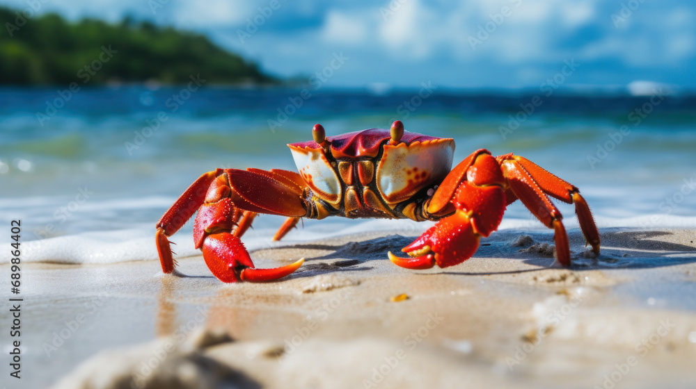 Funny red Big crab on the sandy beach Funny red Big crab on the sandy beach