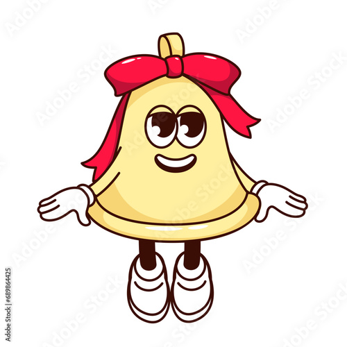 Groovy Christmas bell character vector illustration. Cartoon isolated retro Xmas sticker of cute golden bell with red ribbon bow and funny smile on face, winter decoration mascot with arms and legs