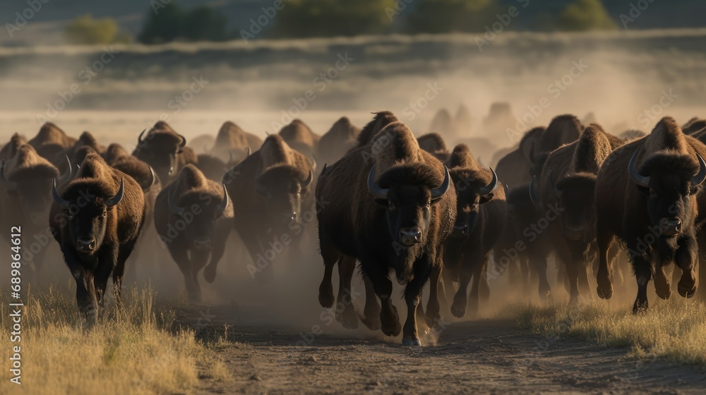 Bison herd running in the morning sun. Wilderness. Wildlife Concept. - obrazy, fototapety, plakaty 