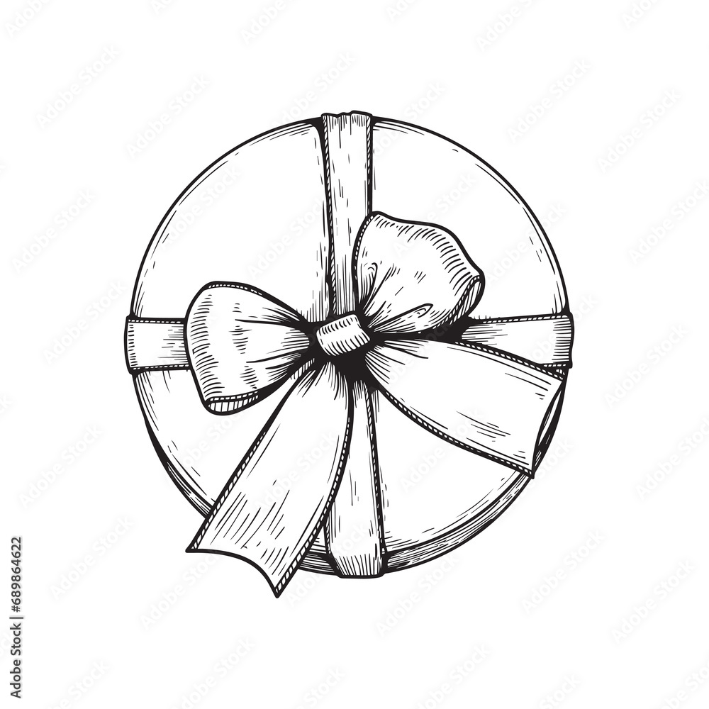 Gift box with ribbon and bow. Hand drawn sketch illustration. Top view close up drawing of round gift box isolated on white background. Gift box with ribbon and bow. Hand drawn sketch illustration. Top view close up drawing of round gift box isolated on white background.