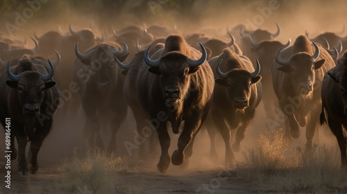 African buffalo herd running in dust. Wilderness. Wildlife Concept.