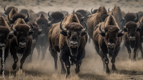 Bison herd walking in the steppe on a foggy day. Wilderness. Wildlife Concept. photo