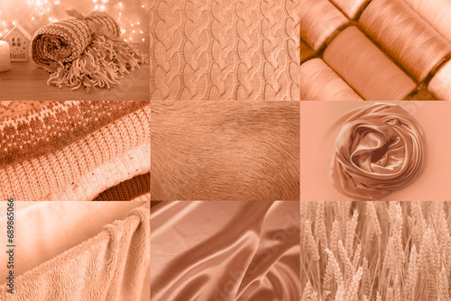 beautiful photo collage in Peach Color, peach fuzz Color year 2024, light shade of orange, pleats for designer, text mockup, cards, luxury concept, Color trend palette