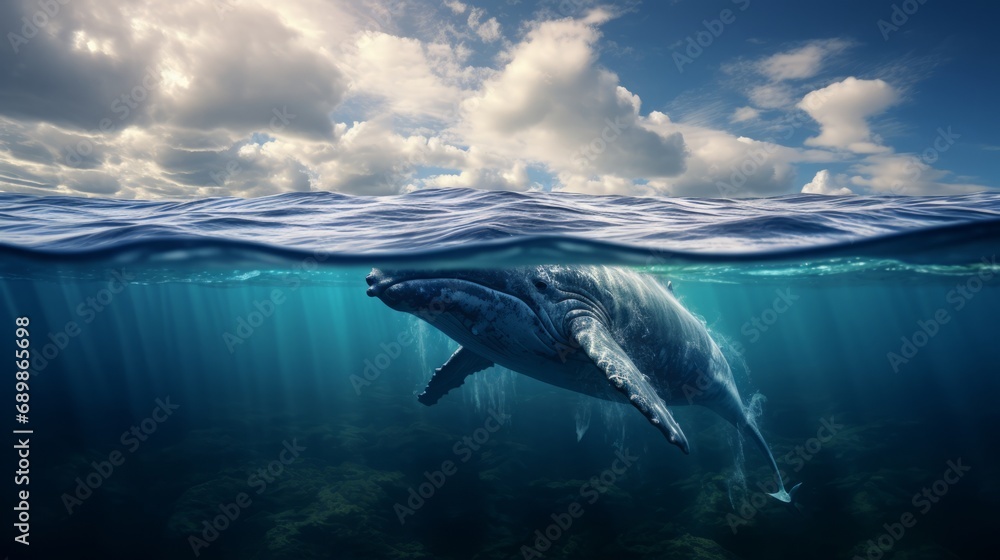 beautiful big whale in the middle of the sea, 16:9 - obrazy, fototapety, plakaty 