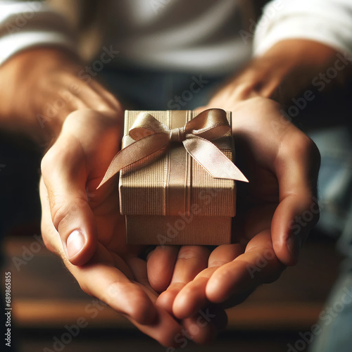 Man hand holding a small box tied with a ribbon bow. The box appears as a delicate gift or special item. Ai generative.