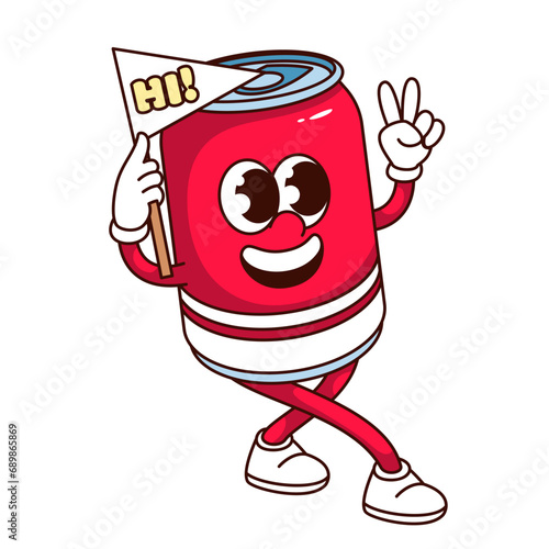 Groovy can of soda water character vector illustration. Cartoon isolated retro drink sticker, soft aluminum bottle with fizzy beverage and funny smile on face, can mascot holding flag with Hi text