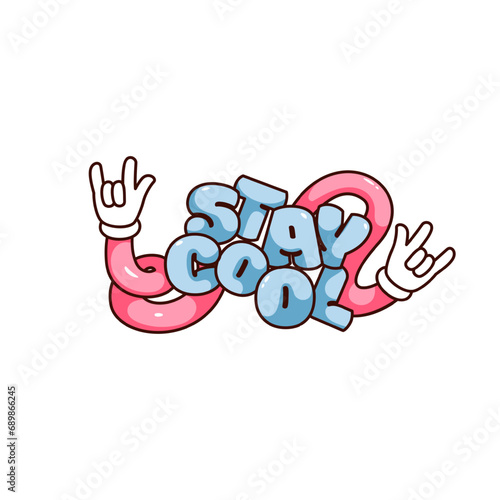 Groovy sticker with Stay Cool slogan vector illustration. Cartoon isolated retro sticker of wavy psychedelic hands with horns gesture of rock festival or metal band and text, cool hipsters patch