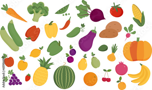 Set of fruits and vegetables on white background. Organic products. Vegetarianism. Illustrations for web sites, mobile apps, infographics, banners, printed materials.