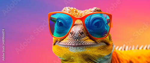 a colorful lizard wearing sunglasses, in the style of post-internet aesthetics, 32k uhd, sabattier filter, heatwave, vibrant color fields, kombuchapunk, optical