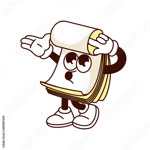 Groovy notepad character vector illustration. Cartoon isolated retro stationery sticker of paper notebook for memo notes, funny diary mascot with pages turning, funky expression on face, arms and legs