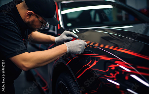 Car wrapping specialist putting vinyl foil or film on a car