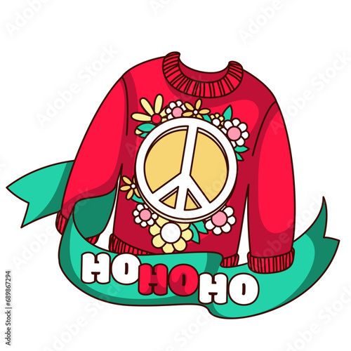 Groovy Christmas sweater and Hohoho text vector illustration. Cartoon isolated retro Christmas sticker of funny pullover for happy winter holiday celebration with peace sign and cute flowers of hippie
