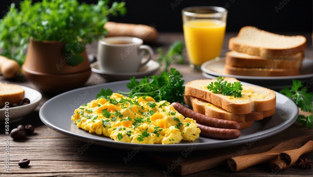 A delicious breakfast of scrambled eggs, buttered toast, sausages and parsley. A glass of juice. Healthy breakfast. A quick meal. Tasty dinner, lunch, snack. Nutritious fresh food. 