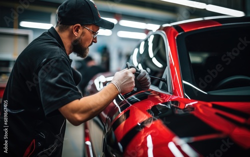 Car wrapping specialist putting vinyl foil or film on a car