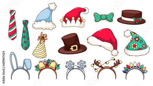 Christmas photo booth props set vector illustration. Cartoon isolated Xmas accessory collection for selfie with Santa Claus hats, reindeer and bunny headbands, funny Christmas necktie and bowtie