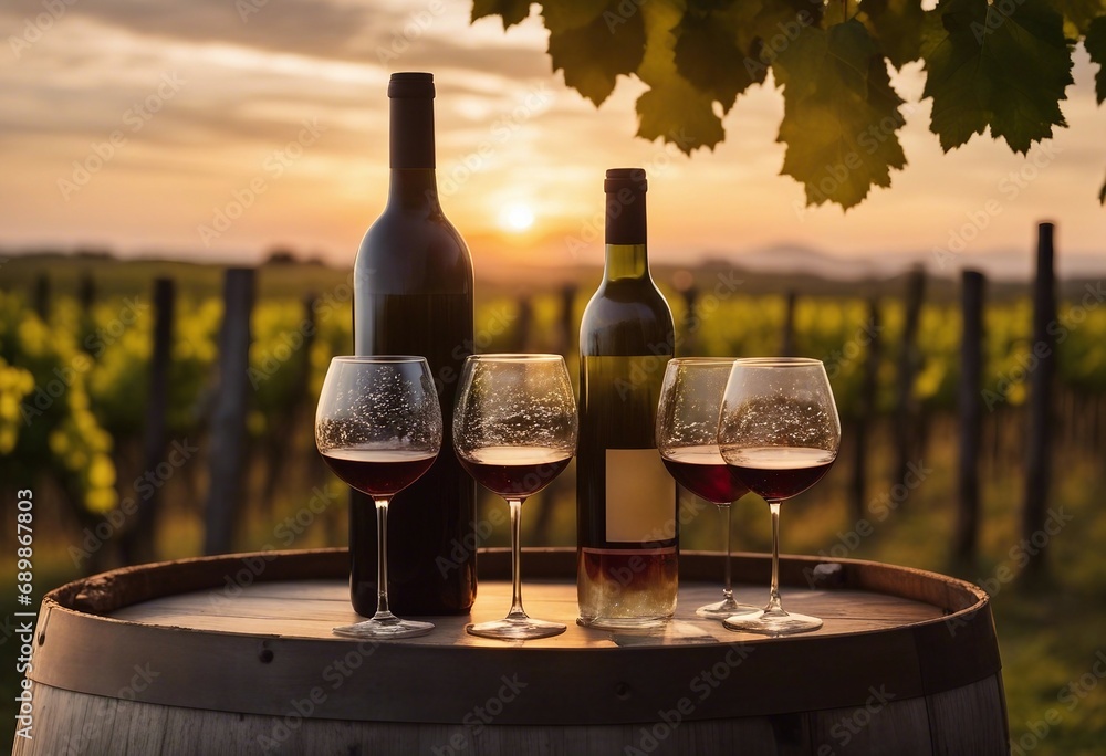 Bottle And Wine Glasses On Barrel In Vineyard At Sunset
