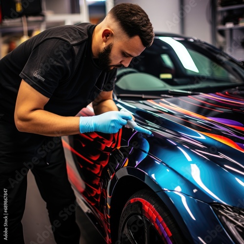 Car wrapping specialist putting vinyl foil or film on a car © piai