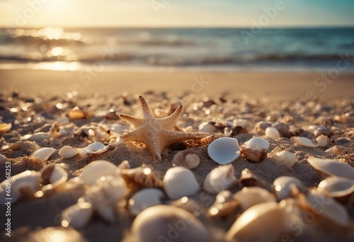 Seashells on seashore in tropical beach - summer holiday background