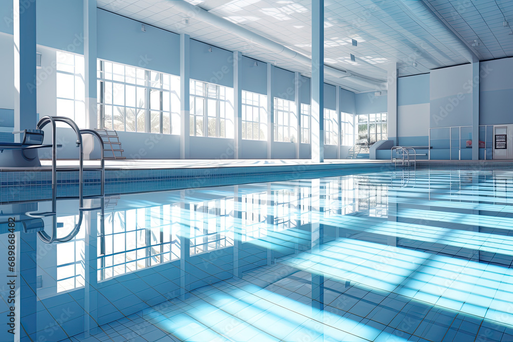 An image of an empty, indoor swimming pool with light makes the water transparent and beautiful - obrazy, fototapety, plakaty 