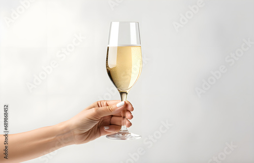 Hand holding champagne glass on white background