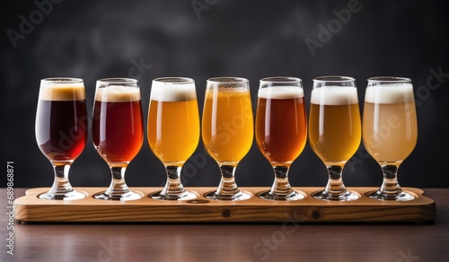 a tray of different beers lined up on a table