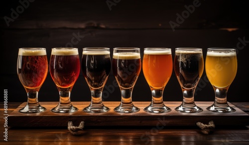 a tray of different beers lined up on a table