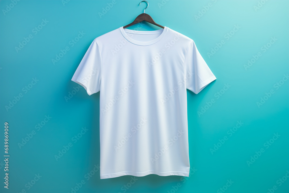 White t-shirt hanging on a blue wall. Clothing branding theme for mockup. White t-shirt hanging on a blue wall. Clothing branding theme for mockup.