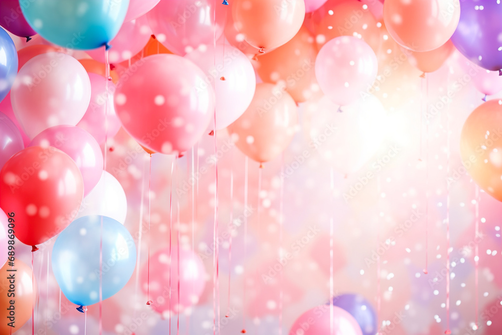 Wallpaper with bright colored party balloons on colorful background with bokeh.