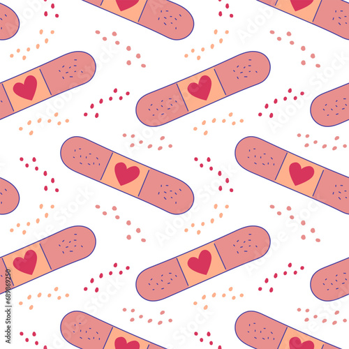 Band-aid pattern with heart. Patch. Fast medical help. Plasters. Heal with care and love. Flat style. Psychological and mental help. Seamless print. Color image with outline. Vector illustration.